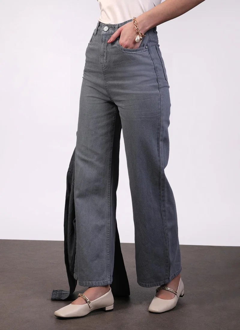 Urbano Fashion Urbano Fashion Women's Light Grey Regular Fit Wide Leg Washed Jeans